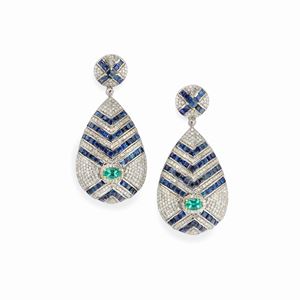 A 14K white gold, silver, sapphires, emeralds and diamonds earrings