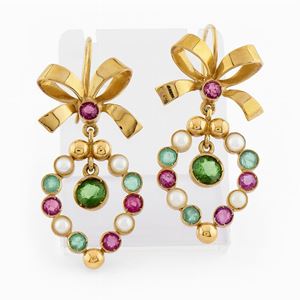 18K Yellow gold cultured pearl and color stones earrings