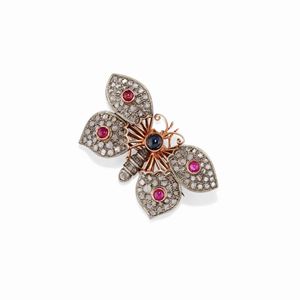 A 14K red gold and silver, diamond and colored gemstones brooch