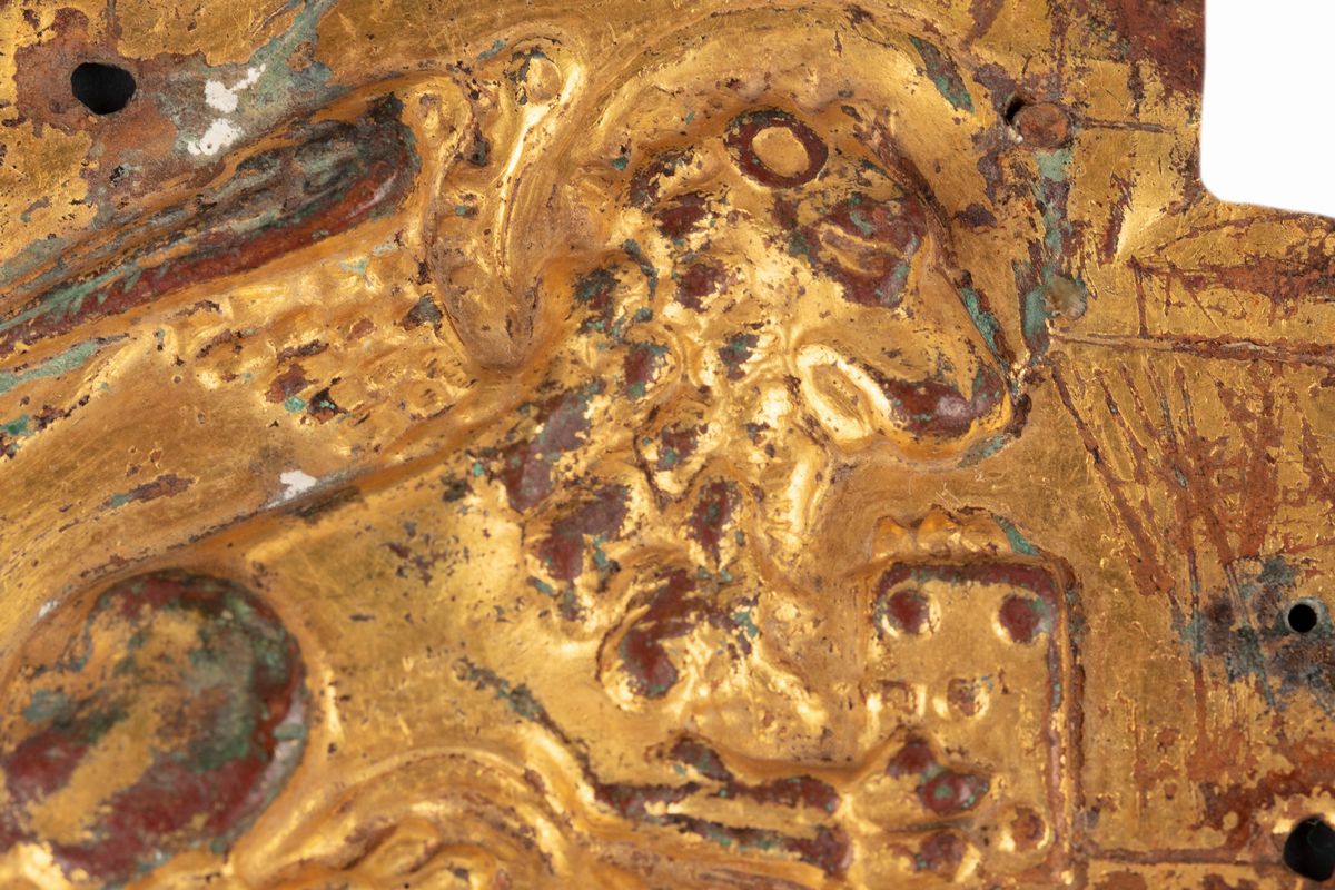 Lotto di Cinque Finimenti per Croci Processionali in Lamina di Rame Sbalzato, Cesellato e Dorato ...
