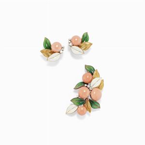 Demi parure in oro 18k, corallo e smalti