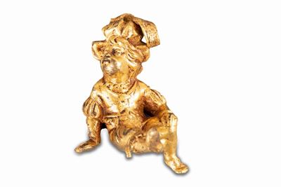 Piccola Scultura in Bronzo Dorato Raffigurante Giovane Paggetto con Cappello Piumato, Secoli XVII...