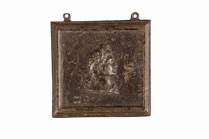 Antique square iron plaque with the profile of an emperor