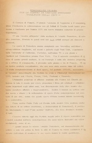 Press release for the Arnaldo Pomodoro's exhibition "Sculture nella Città", Pesaro