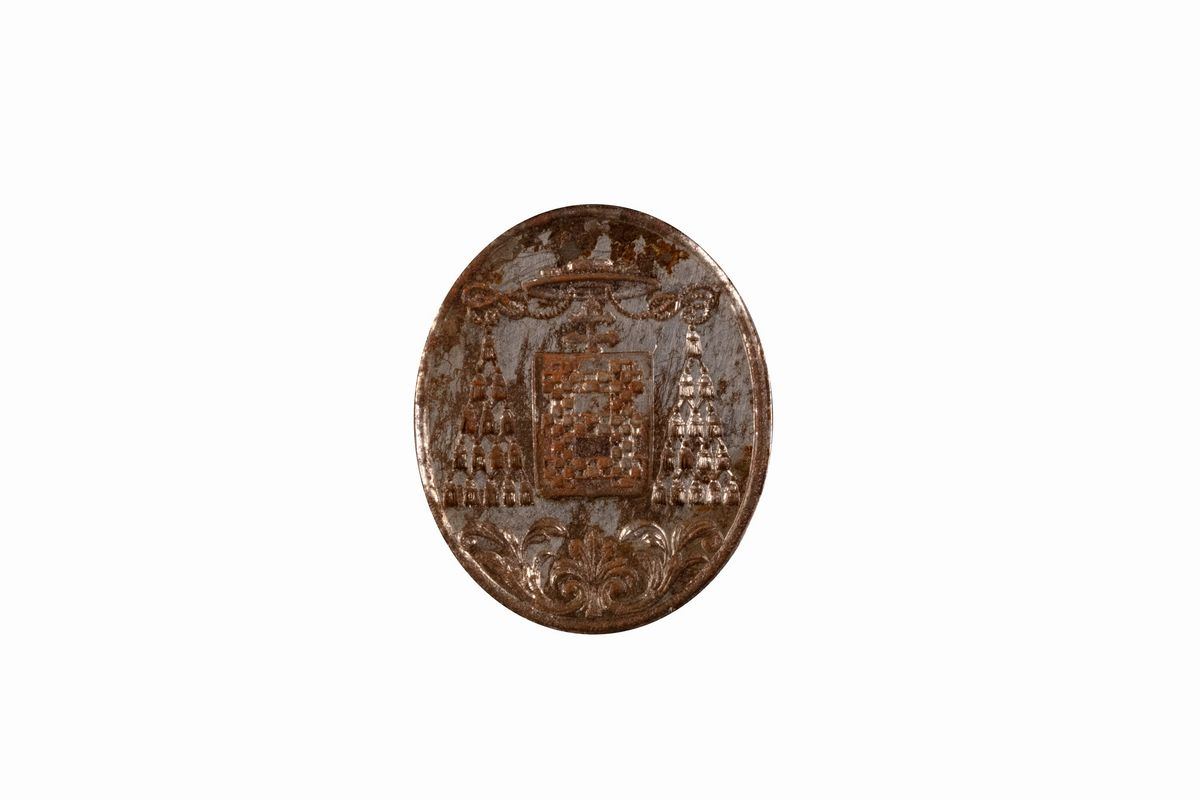 Sigillo in ferro con manico in legno tornito, stemma cardinalizio, astuccio originale, secolo XVI...