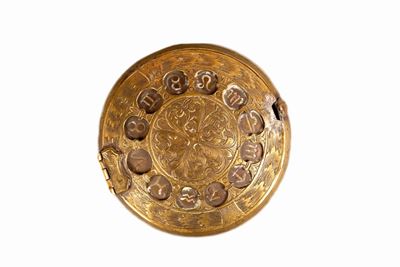 Scatola circolare in bronzo, XVI-XVII secolo, finemente incisa con simboli zodiacali