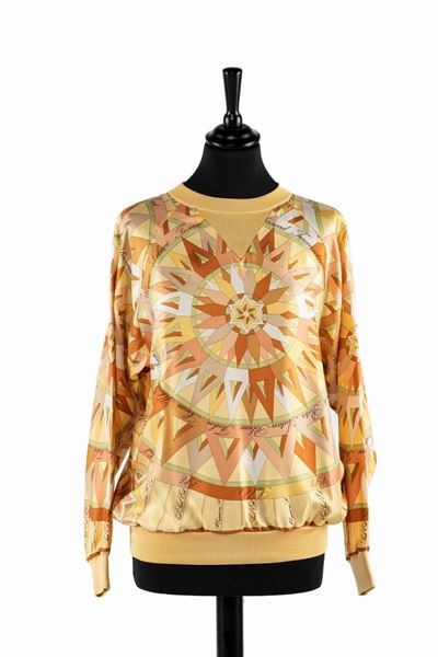 Pullover a manica lunga in seta con stampa fantasia rosa dei venti, taglia 38