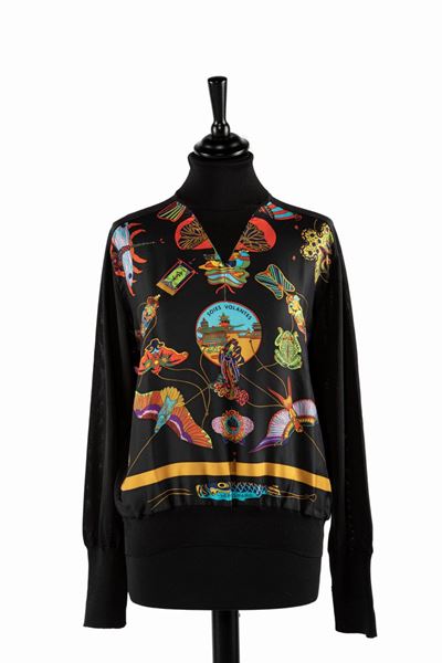 Pullover Soies Volantes, a manica lunga in seta multicolore su fondo nero