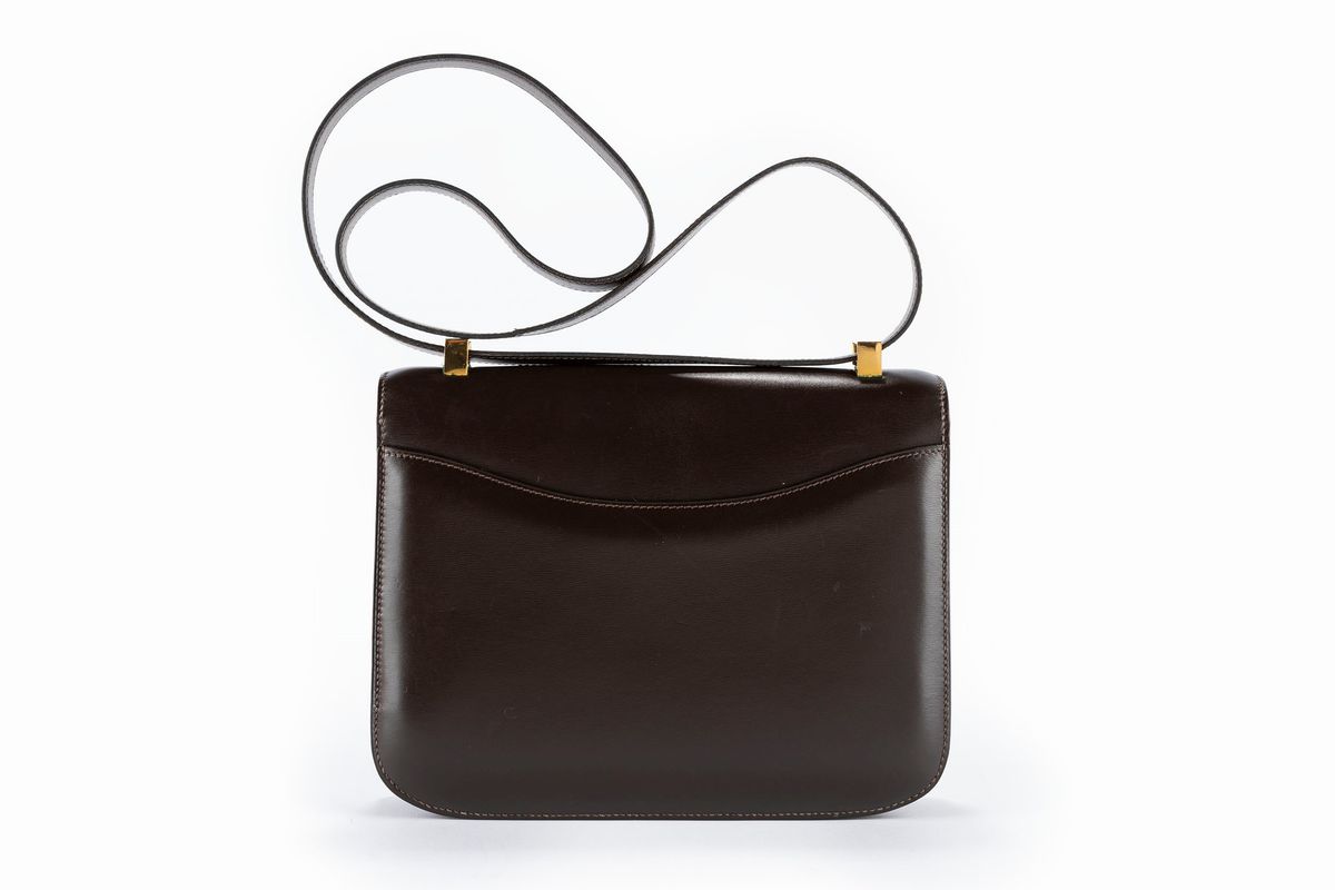 Hermès - Borsa Constance, pelle marrone scuro con tracolla regolabile, 1985