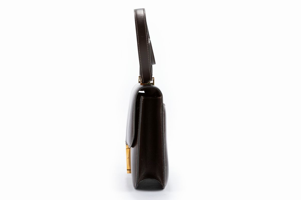 Hermès - Borsa Constance, pelle marrone scuro con tracolla regolabile, 1985