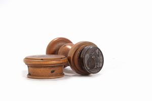  - Iron seal, with wooden case, depicting a soldier and a noble coat of arms, 17th - 18th centuries