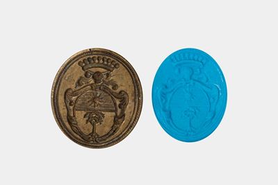 Sigillo in bronzo con manico in legno tornito, stemma nobiliare, secoli XVII-XVIII