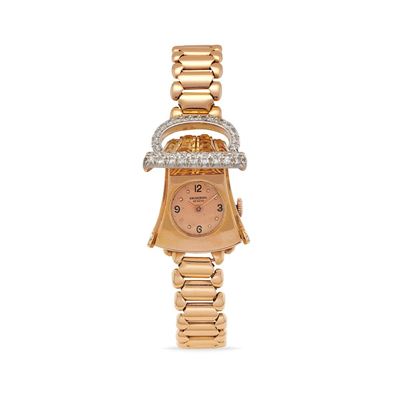 Orologio da cocktail anni '40, cassa in oro rosa 18k con diamanti e quarzi citrini