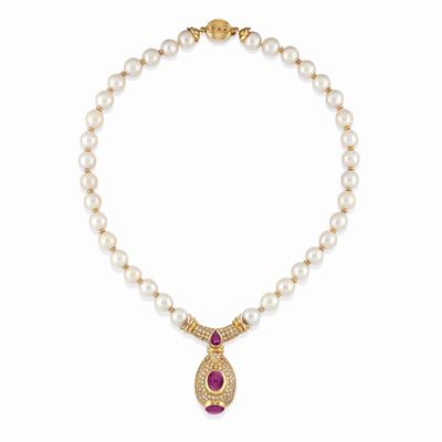 Collana con Perle, Rubini e Diamanti, 1980 Circa