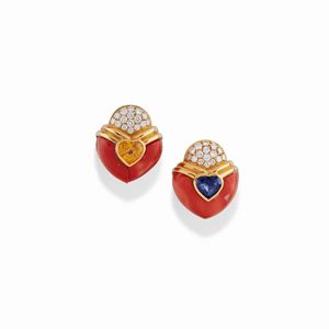  - A 18K yellow gold, coral, sapphires and diamonds earrings, circa 1980
