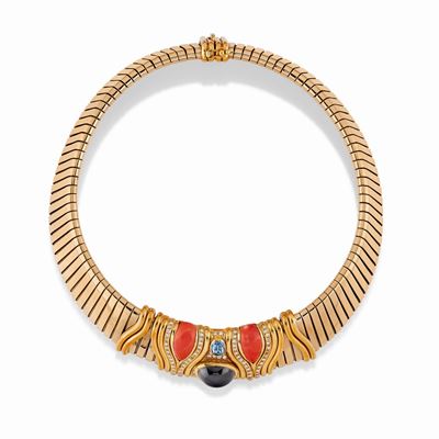 Collana con Corallo, Onice, Acquamarina e Diamanti