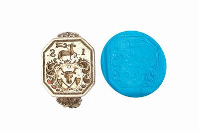 Anello in argento con sigillo ottagonale e stemma nobiliare, 1813
