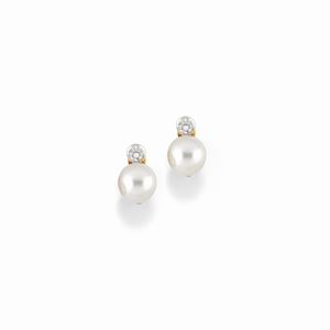 A 18K two-color gold, cultured pearl and diamond earrings
