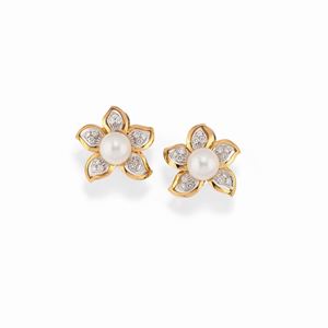 A 18K two-color gold, cultured pearl and diamond earrings