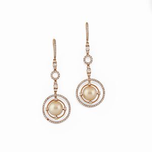 A 18K red gold, cultured pearl and diamond earrings