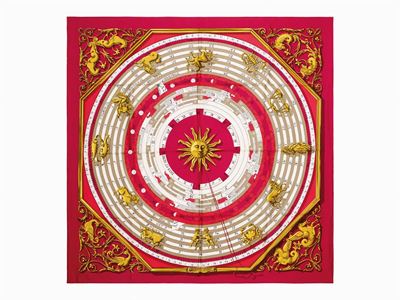 Francoise Faconnet, Foulard Astrologie Dies et Hore, seta color lampone, 1998