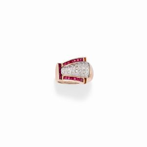 A 18K two-color gold, ruby and diamond ring