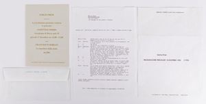 Lotto composto da invito alla mostra e documenti vari (autopresentazione: Pro Lui Oratio - mi vergogno di non essere a Venezia)