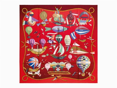 Loic Dubigeon, Foulard Le Folies du Ciel, seta su fondo rosso, 1984
