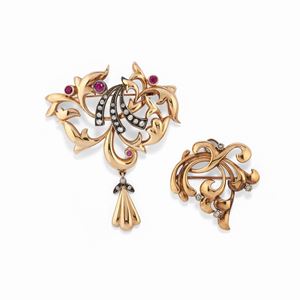 A 18K-9K red gold, silver, diamond and ruby lot of two pendant-brooches