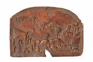 Formella in legno di bosso con bassorilievo raffigurante Adorazione dei Magi, secolo XIII