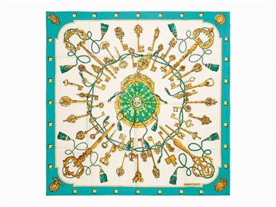 Caty Latham, Foulard Les Clefs, seta su fondo panna con bordo verde petrolio, 1980