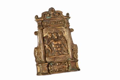 Compianto di Cristo, scultura in bronzo con cornice sansovina, secolo XVI