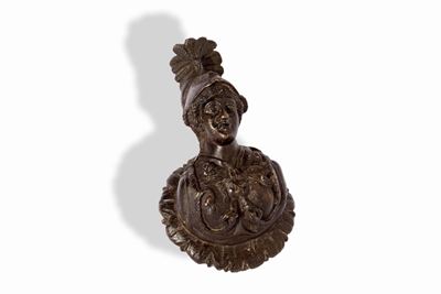 Bustino in bronzo raffigurante Minerva, maniglia di mobile, secolo XVII