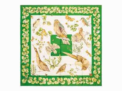 Antoine De Jacquelot, Foulard La Vie au Grand Air, seta su fondo panna con bordo verde, 1990