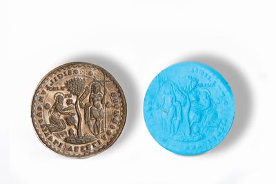 Grande Sigillo Circolare in Bronzo Raffigurante Noli Me Tangere, con Iscrizione, Secoli XIV - XV