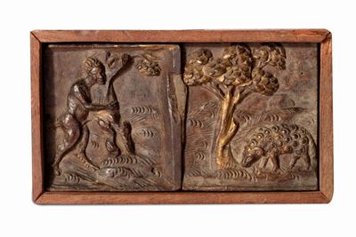 Antico Bassorilievo in Legno Raffigurante Satiro e Pecorella Entro Paesaggio