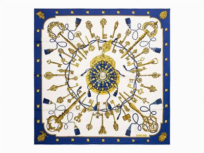 Caty Latham, Foulard Les Clefs in seta bianca con bordo blu