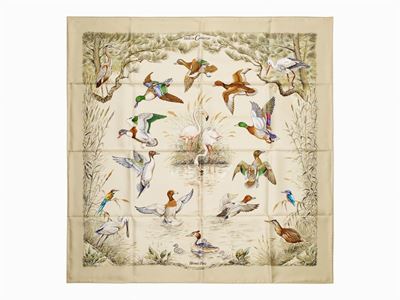 Robert Dallet, Foulard Halte en Camargue, seta su fondo verde salvia, 1989