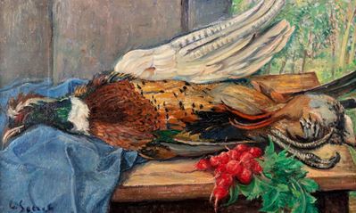 Natura morta con fagiano e rapanelli, olio su tela