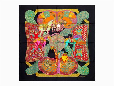 Annie Faivre, Foulard Art Des Steppes, seta su fondo nero, 1991