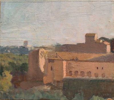 Paesaggio romano, olio su tela applicata su tavola