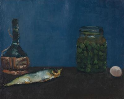 Natura morta con fiasco e pesce, olio su tela, 1958