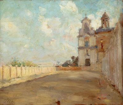 Veduta di chiesa, olio su tavola