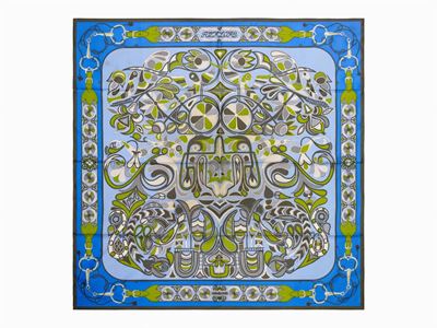 D'Origny, Foulard Folklore in seta con bordo blu elettrico e grigio