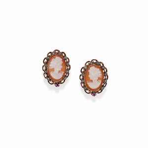  - A 14K red gold, diamond, ruby and cameo earrings