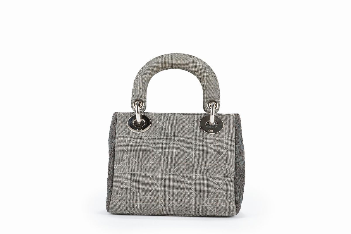 Mini borsa Lady Dior in tessuto principe di galles e pizzo
