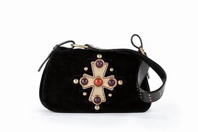 Borsa in velluto nero, motivo applicato a forma di croce con strass