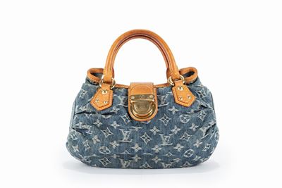 Borsa in tela denim blu con monogramma, dettagli in metallo dorato