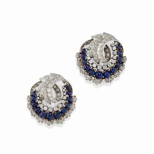 Two two-color gold, diamond and sapphire brooches, circa 1960