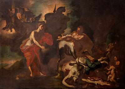 Apollo affida il figlio Esculapio al centauro Chirone, olio su tela